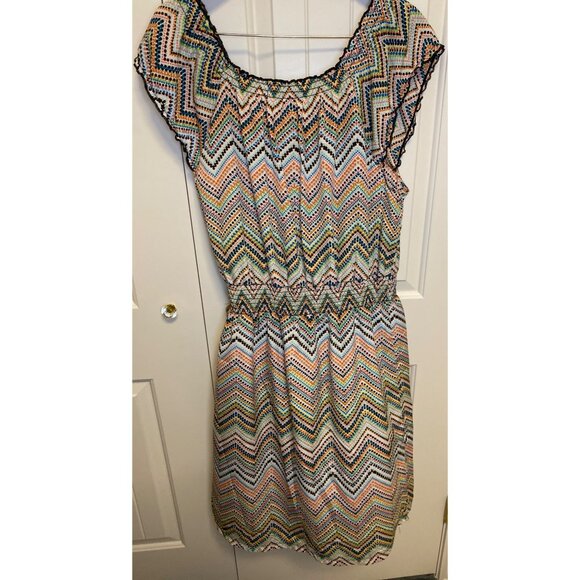 Christine Multicolor Zigzag Print Ruffle Cap Sleeve Dress L - Picture 2 of 5